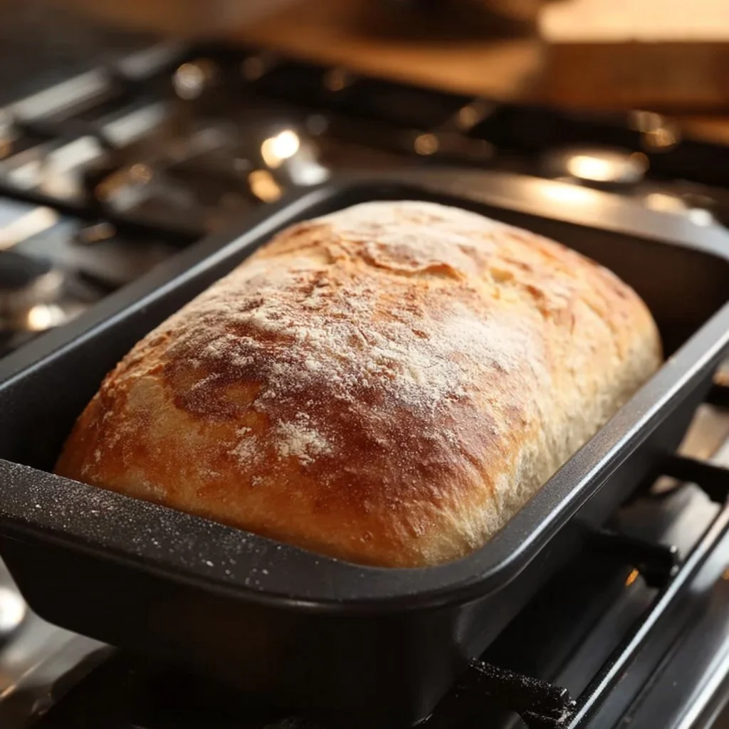 Freshly baked 5-minute bread on a wooden table
