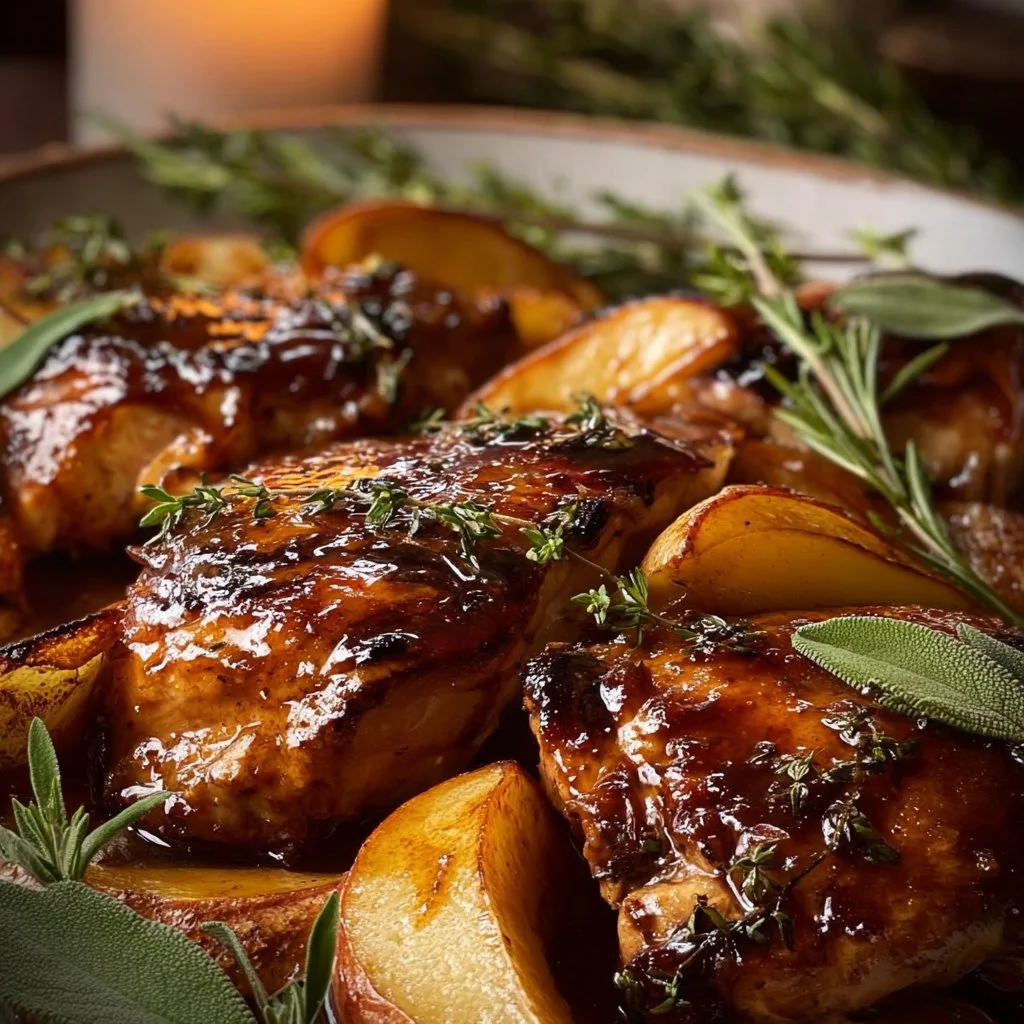 Juicy Apple Cider Chicken cooked with fresh herbs and glazed with apple cider.