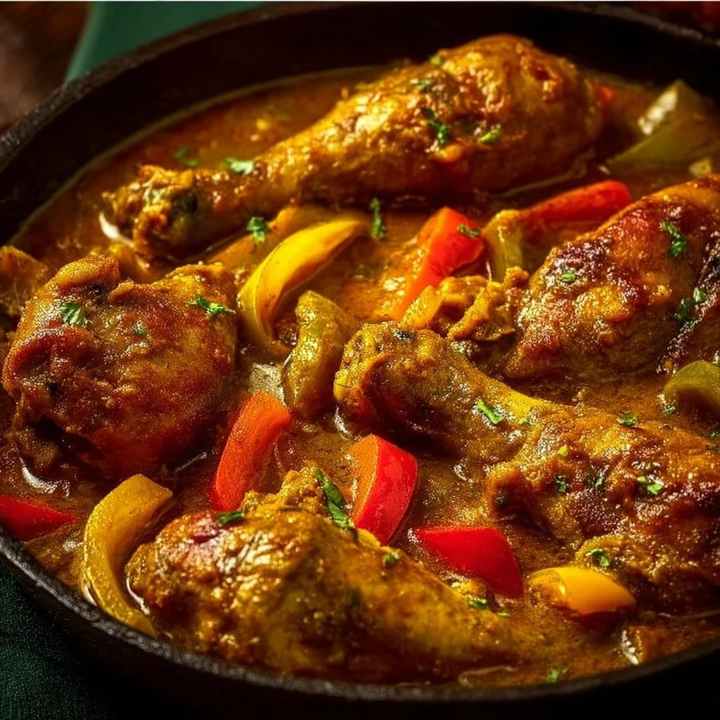 Plate of authentic Jamaican Curry Chicken garnished with fresh herbs