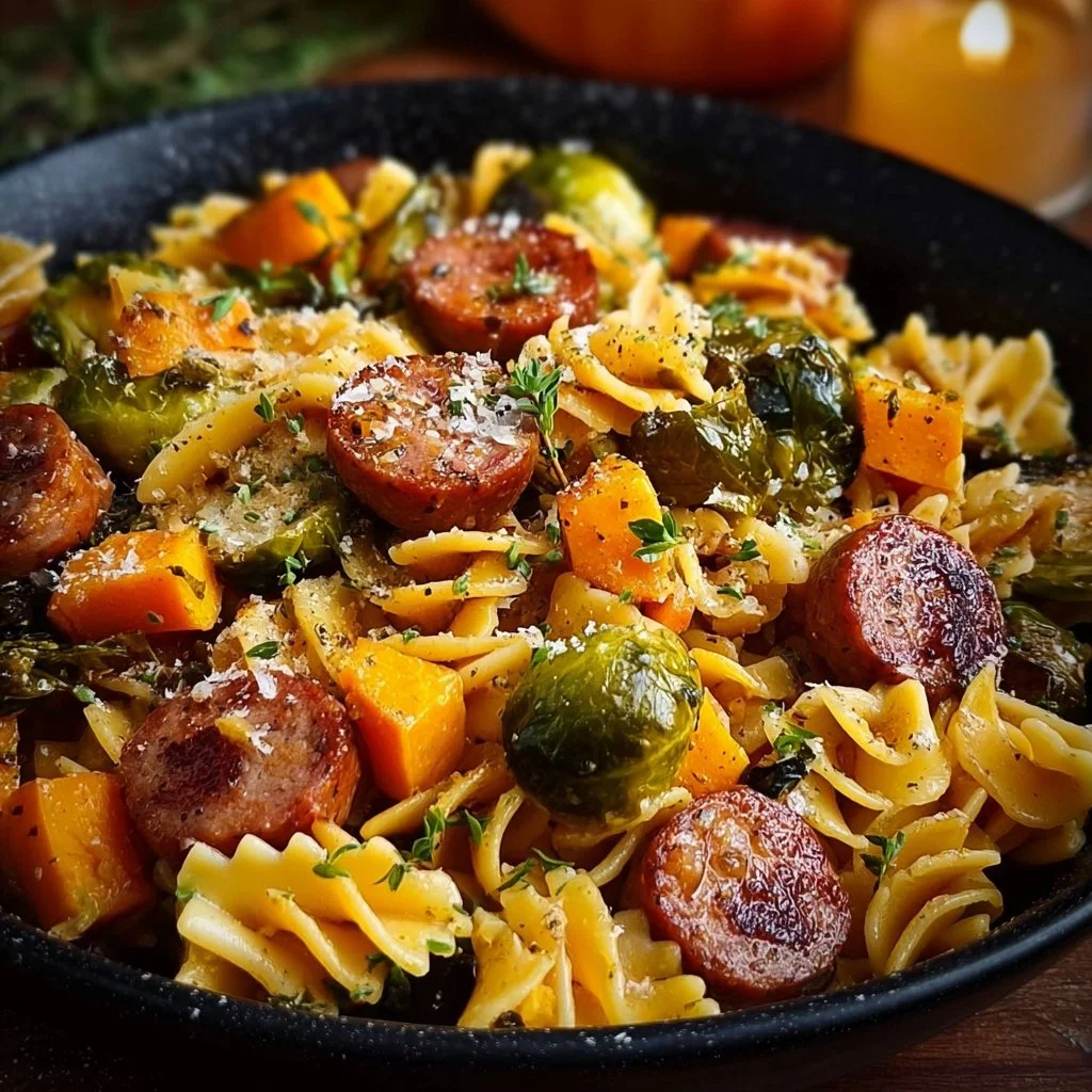 Autumn sausage pasta with squash in a bowl topped with fresh herbs