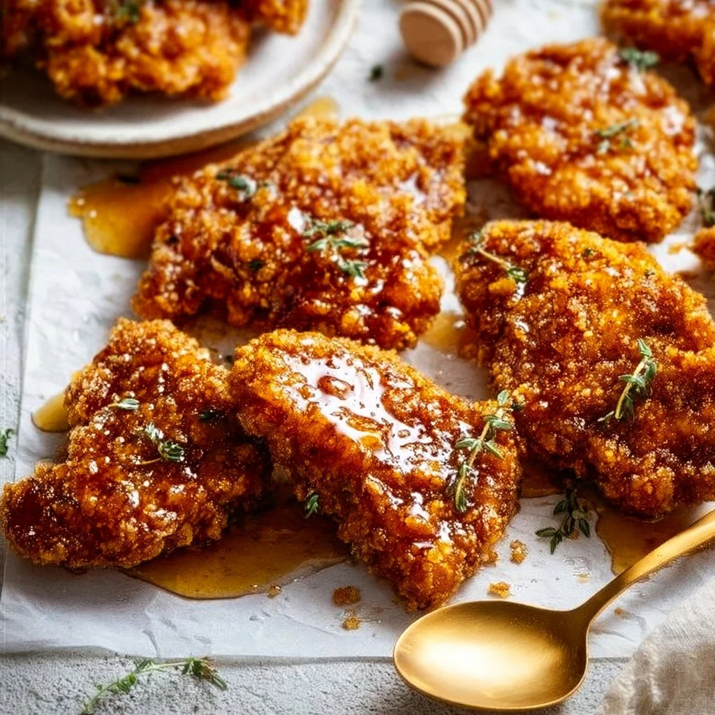 Baked Crunchy Hot Honey Chicken garnished with herbs on a plate