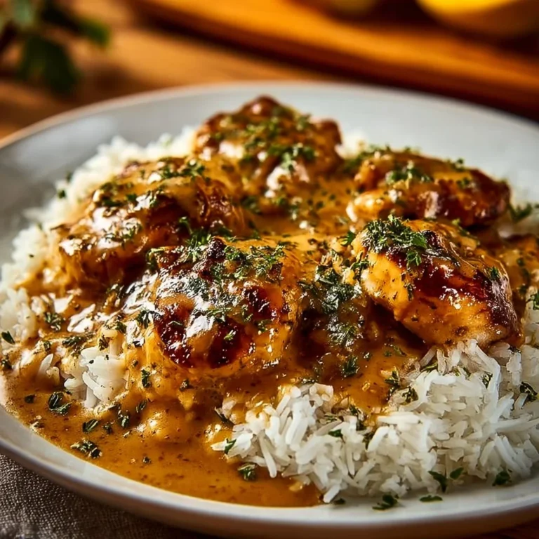 Plate of best smothered chicken served with rice and gravy