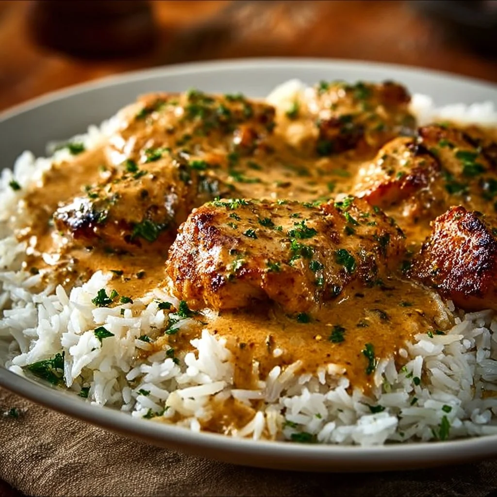 Delicious smothered chicken served with rice, a comforting and flavorful dish.