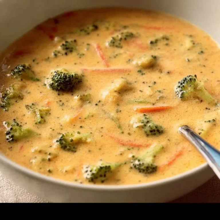 Bowl of Broccoli Cheddar Soup with cheese and broccoli garnished with herbs