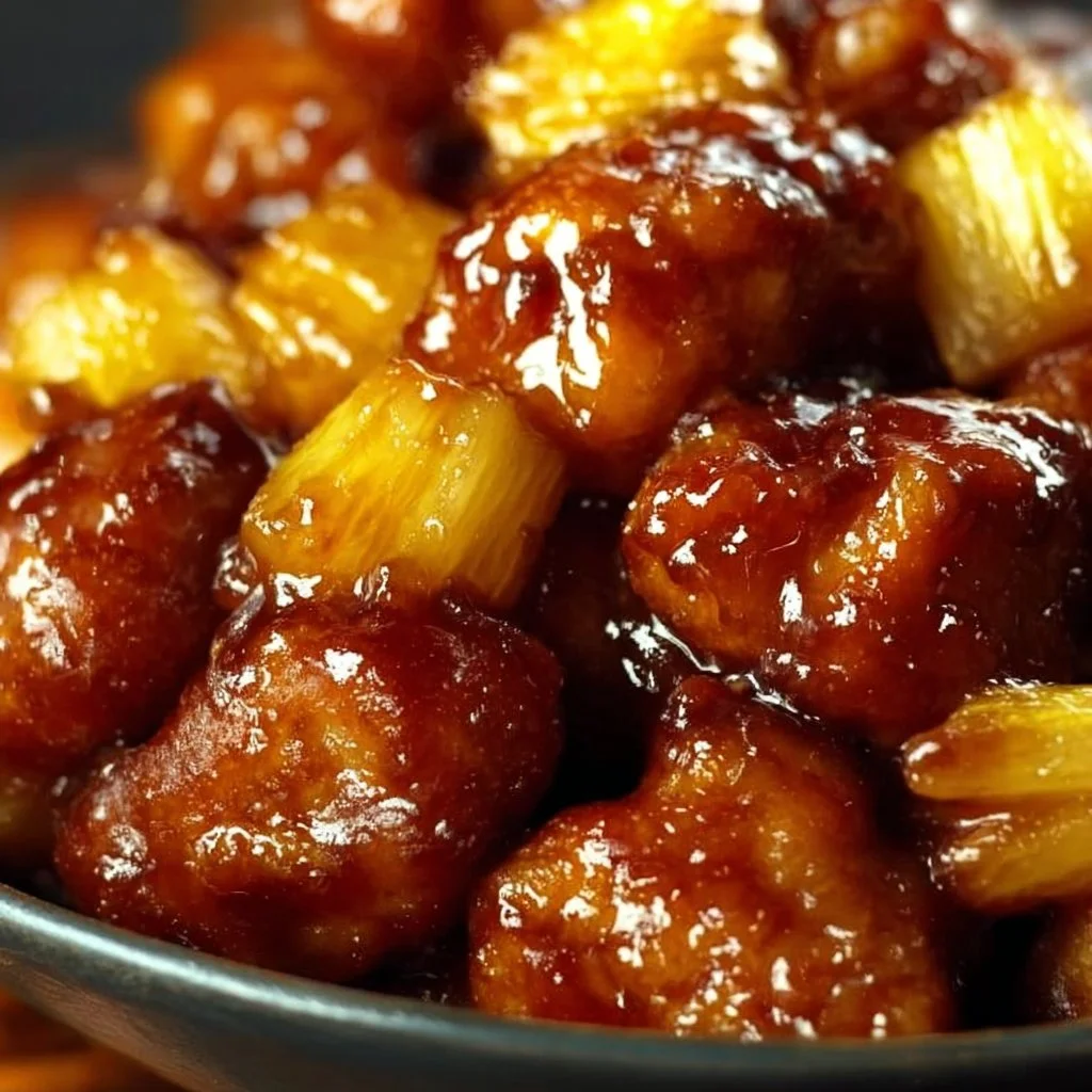 Delicious Brown Sugar Pineapple Chicken served with vibrant pineapple slices and herbs.