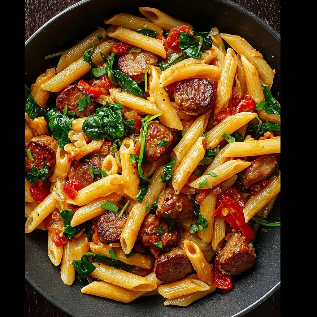 Bowl of Cajun Sausage Pasta with colorful vegetables and spices