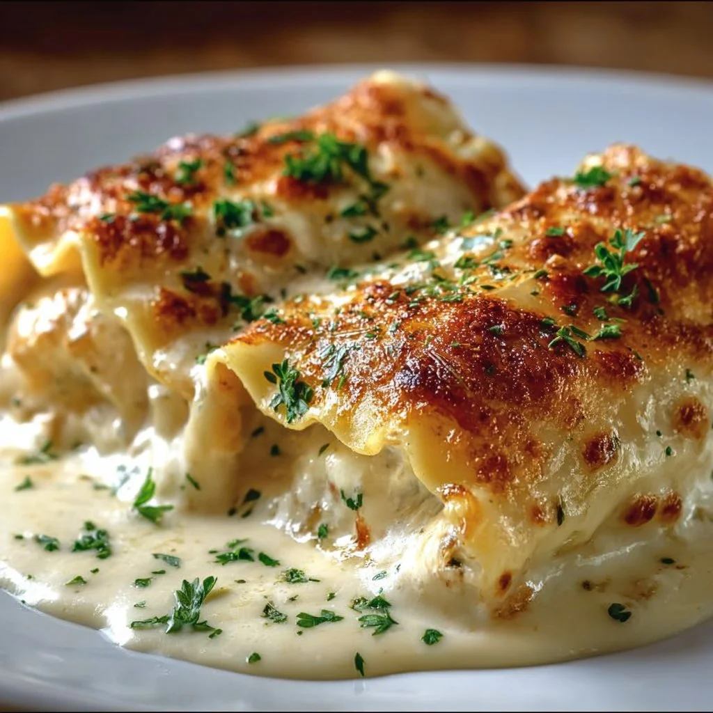 Cheesy Chicken Alfredo Lasagna Rolls served on a plate with a side salad