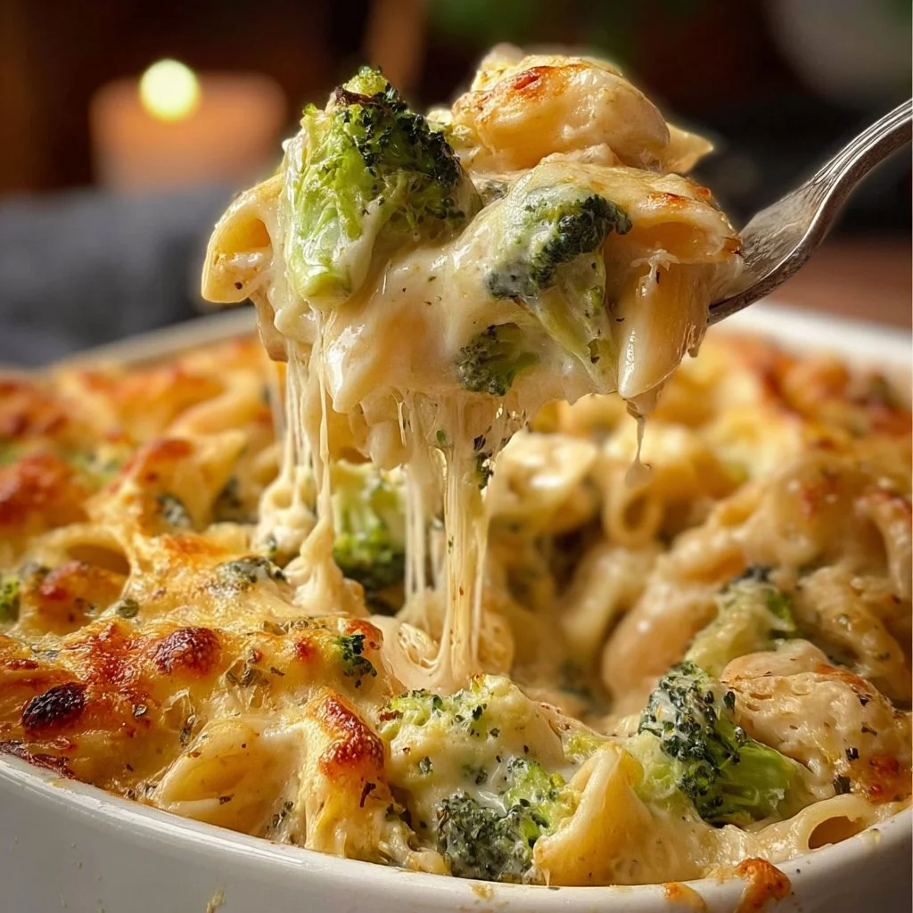 Cheesy Chicken and Broccoli Alfredo Bake in a casserole dish