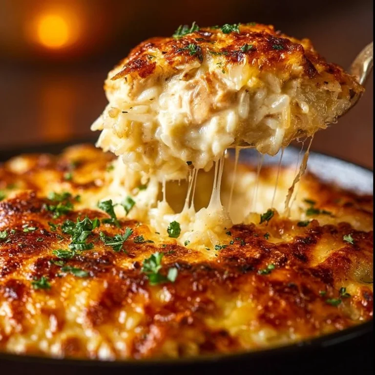 Cheesy chicken and rice casserole served in a dish with melting cheese on top