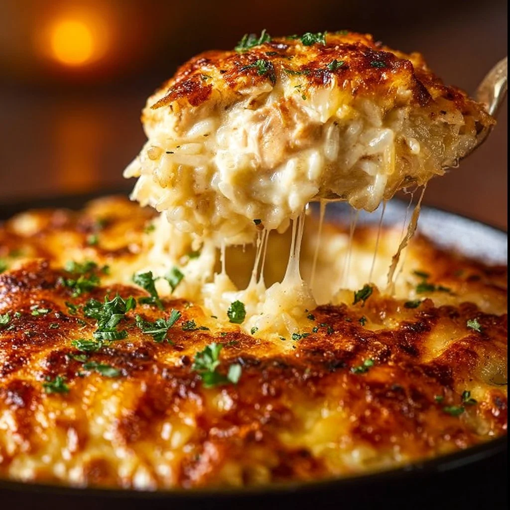 Cheesy chicken and rice casserole served in a dish with melting cheese on top