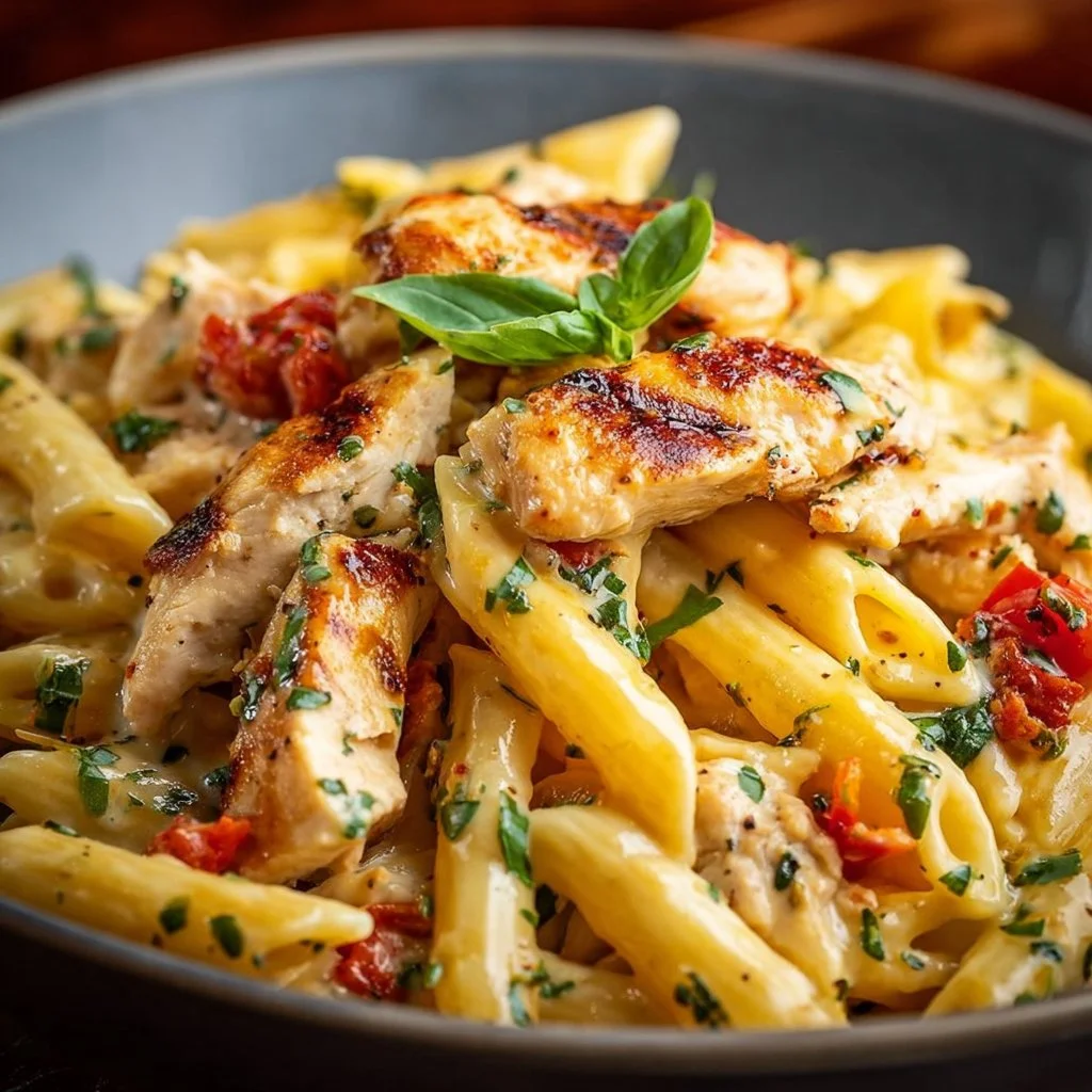 Cheesy Crack Chicken Pasta in a bowl topped with herbs