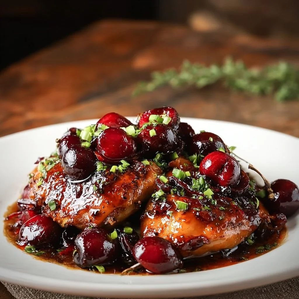 Plate of Cherry Balsamic Glazed Chicken drizzled with sauce and garnished with herbs.