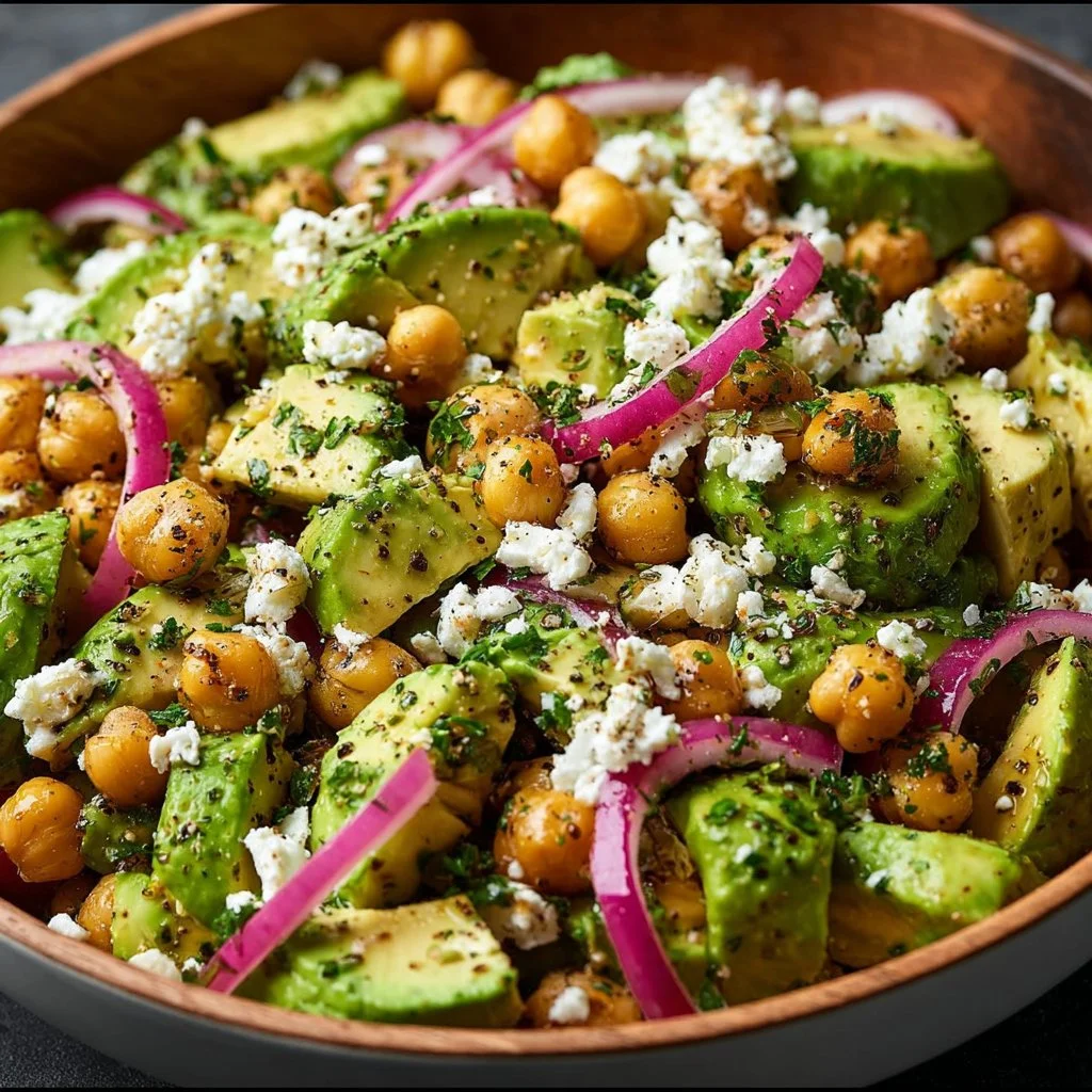 Chickpea Feta Avocado Salad with fresh ingredients in a bowl