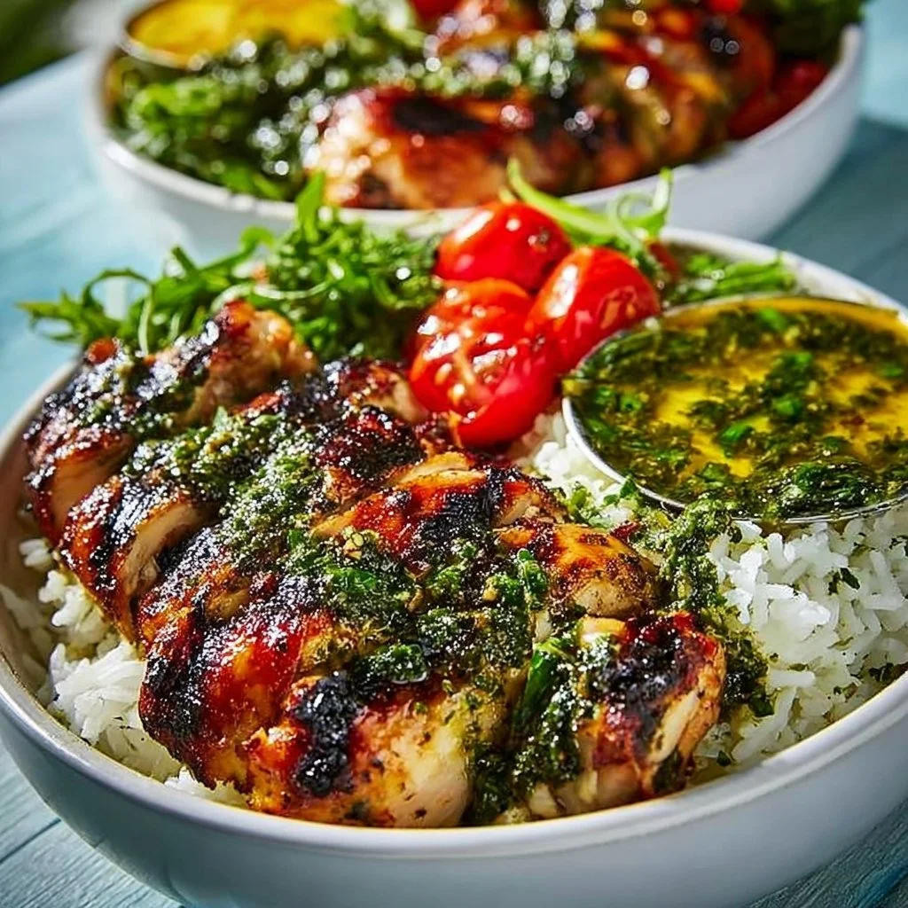 Chimichurri Grilled Chicken Bowl drizzled with garlic sauce and fresh herbs