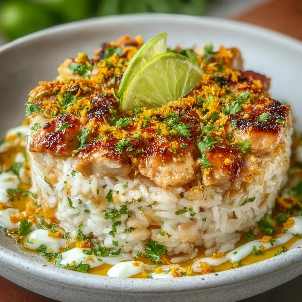 A bowl of Coconut Chicken & Rice garnished with herbs and served with lime.