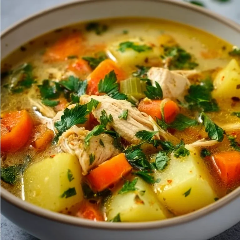 Bowl of comforting chicken soup with potatoes and vegetables