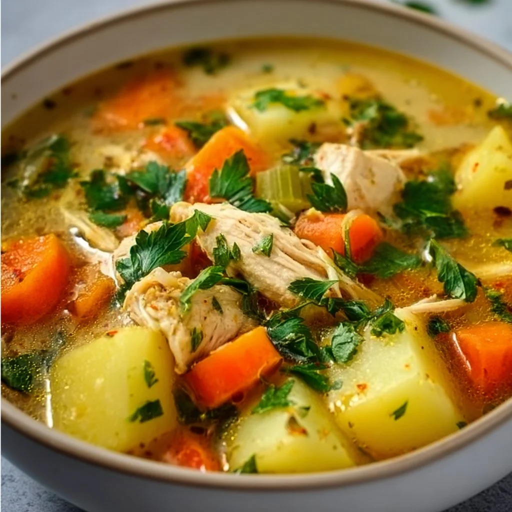 Bowl of comforting chicken soup with potatoes and vegetables