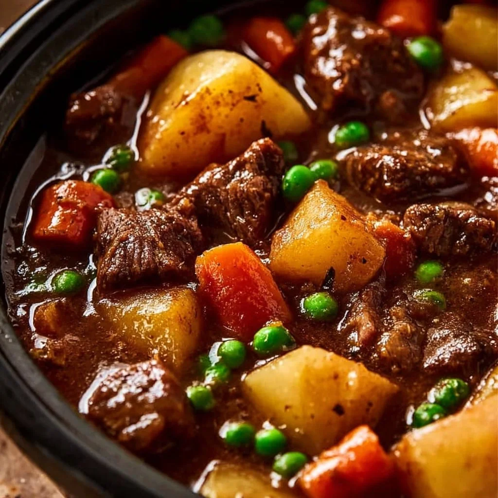 Bowl of comforting crockpot beef stew with vegetables and herbs