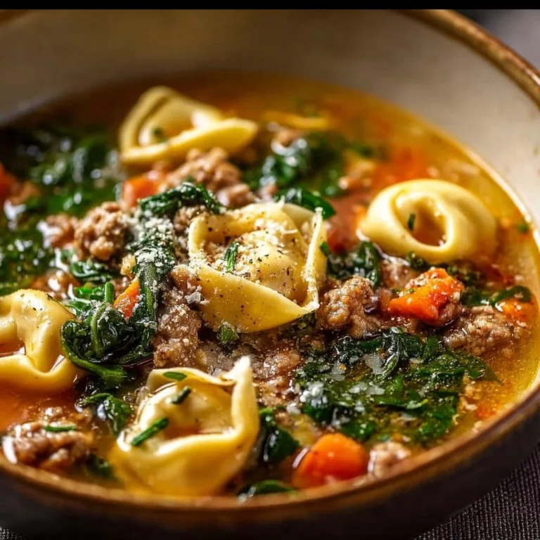 Cozy autumn tortellini soup with sausage served in a bowl