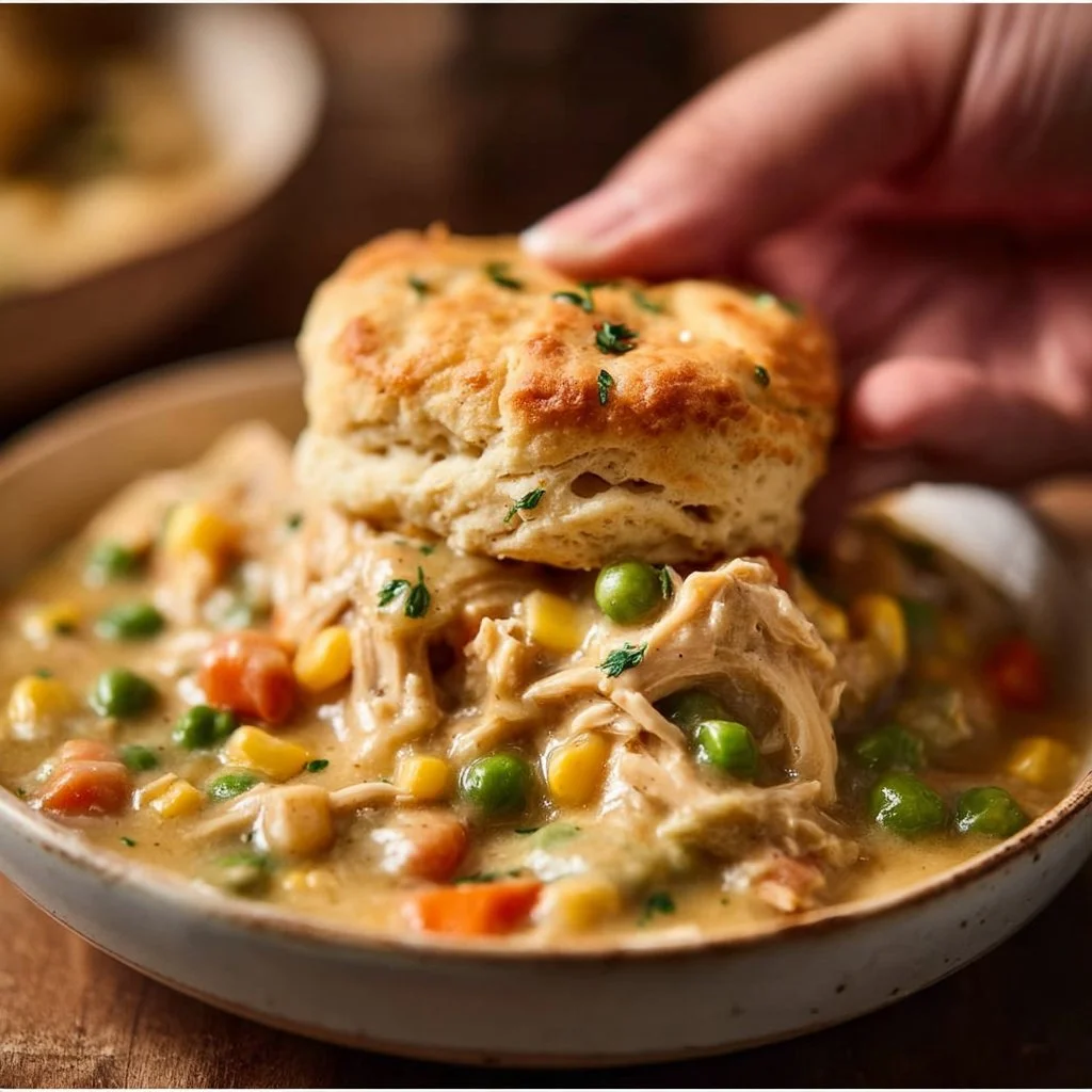 Delicious crock pot chicken pot pie served in a rustic bowl