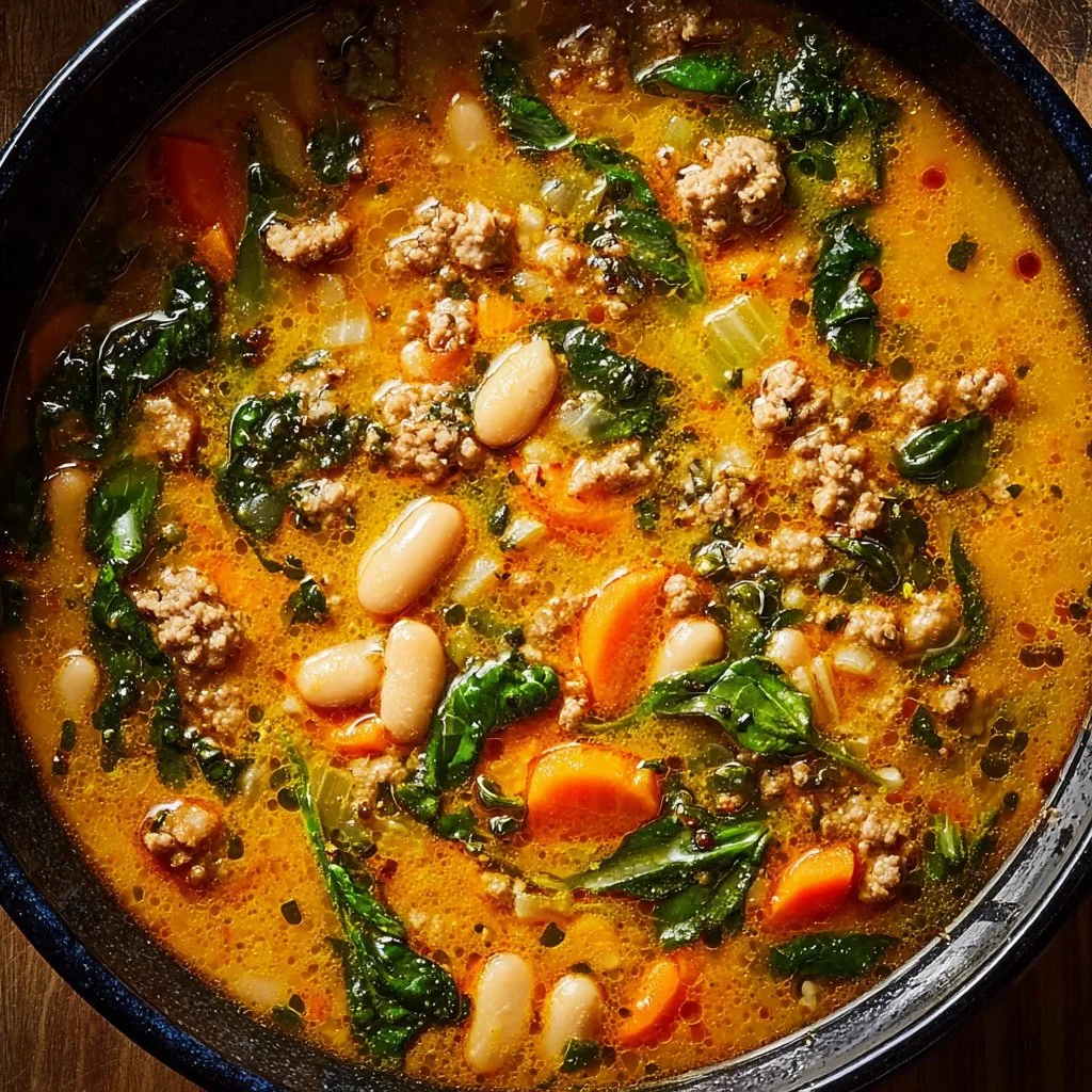 Bowl of cozy Tuscan White Bean Soup with fresh herbs and bread.