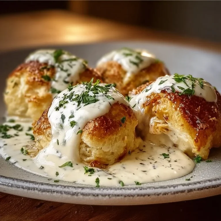Delicious chicken pillows served with creamy parmesan sauce on a plate