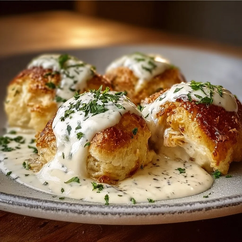 Delicious chicken pillows served with creamy parmesan sauce on a plate