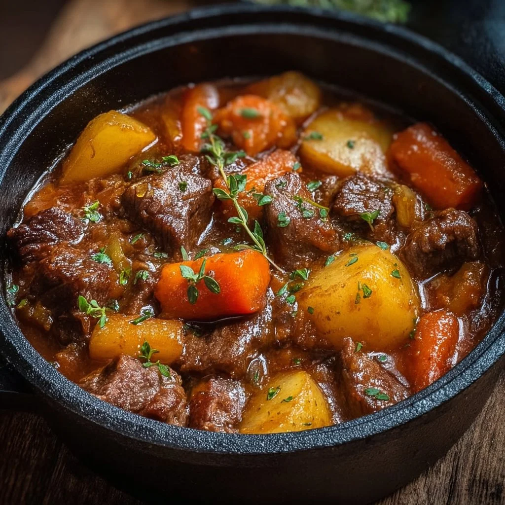 A bowl of hearty homemade beef stew with vegetables and herbs