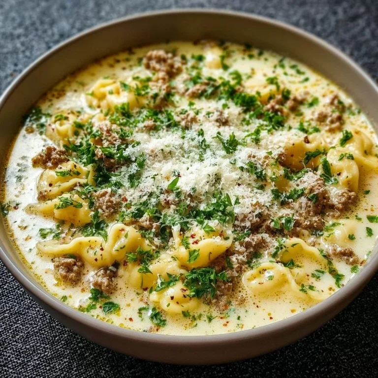 Creamy Alfredo Lasagna Soup in a white bowl with fresh parsley garnish.