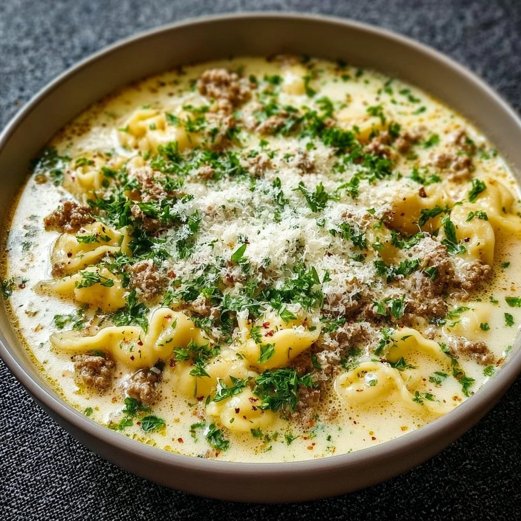 Creamy Alfredo Lasagna Soup in a white bowl with fresh parsley garnish.
