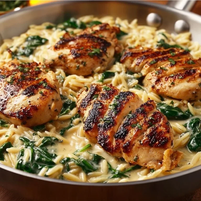 Creamy Boursin orzo dish with chicken garnished with herbs