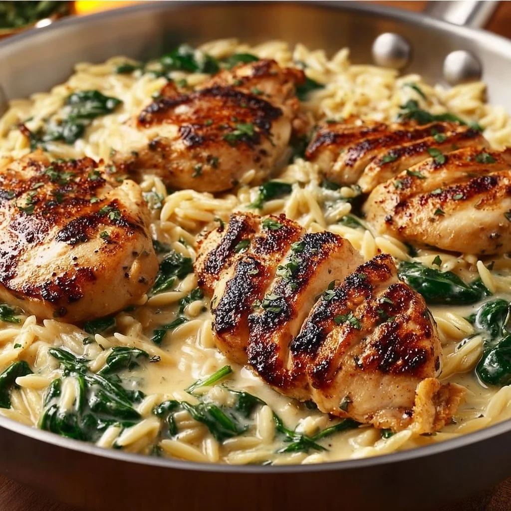Creamy Boursin orzo dish with chicken garnished with herbs