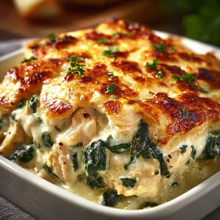 Creamy chicken and spinach casserole baked to perfection