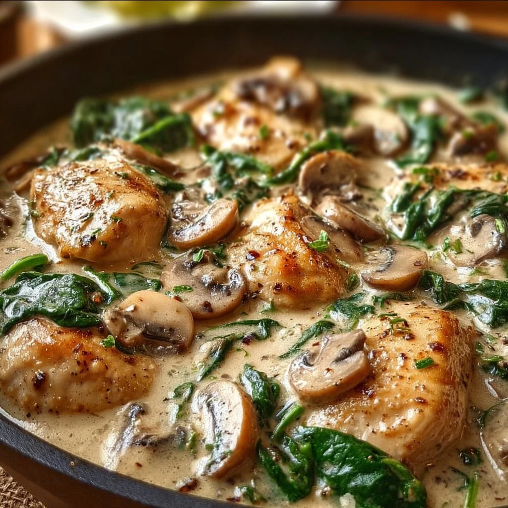 Creamy chicken mushroom spinach skillet dish garnished and ready to serve.
