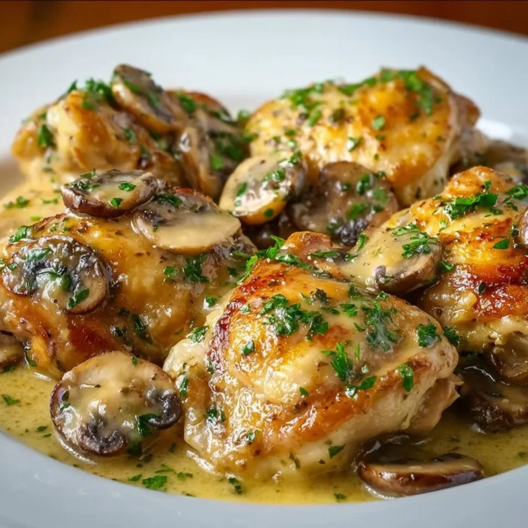 Plate of creamy garlic mushroom chicken thighs with herbs and garnish