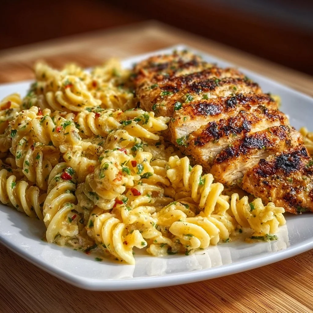 Creamy garlic parmesan chicken pasta dish served in a bowl