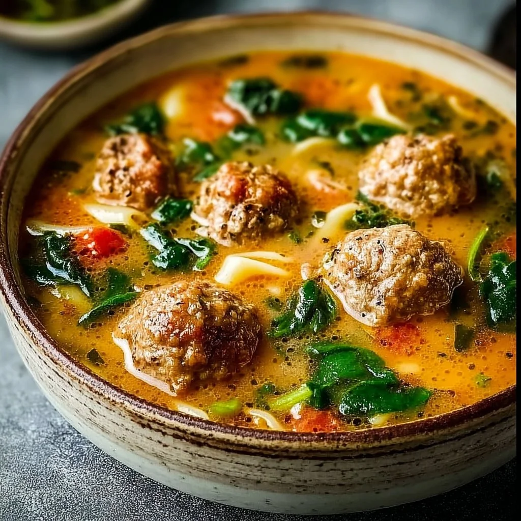 Bowl of creamy Italian meatball soup with fresh herbs and meatballs