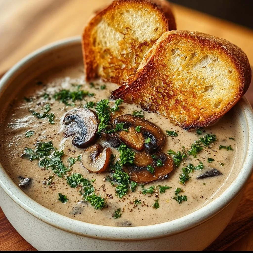 Bowl of creamy mushroom soup garnished with fresh herbs
