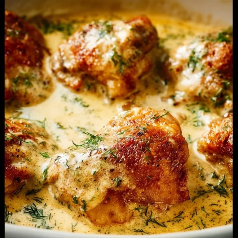 Delicious creamy oven baked chicken thighs garnished with herbs