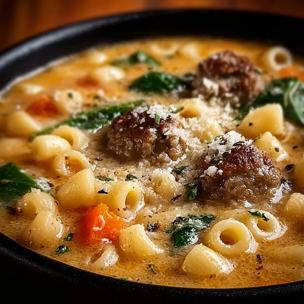 Creamy Parmesan Sausage Ditalini Soup served in a bowl