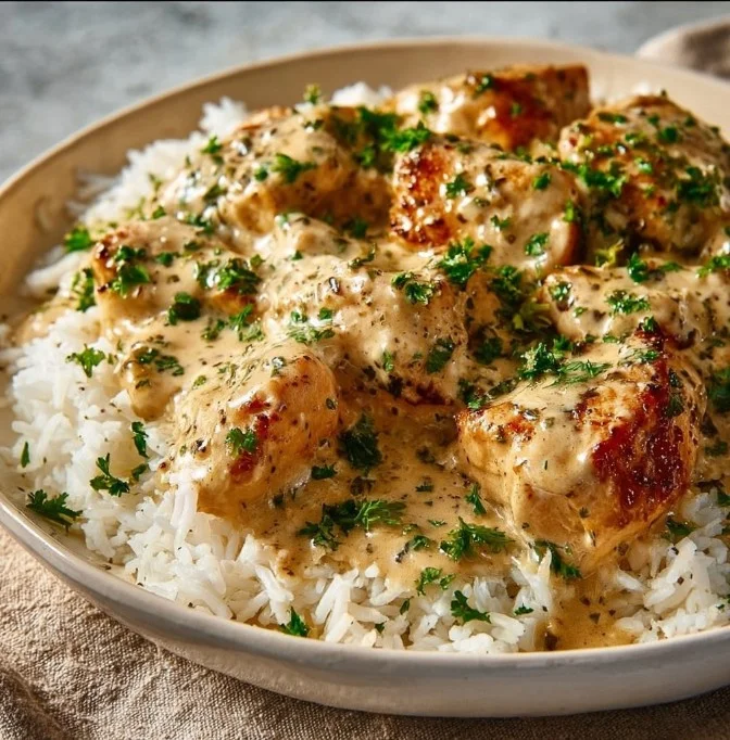 Creamy smothered chicken served over rice in a bowl with fresh herbs.