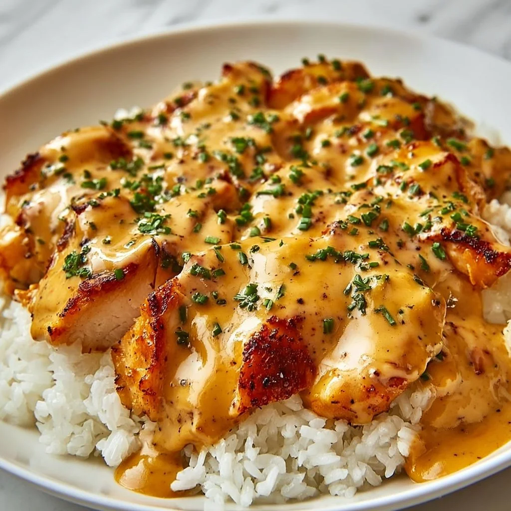 Creamy smothered chicken served over rice with rich gravy and vegetables