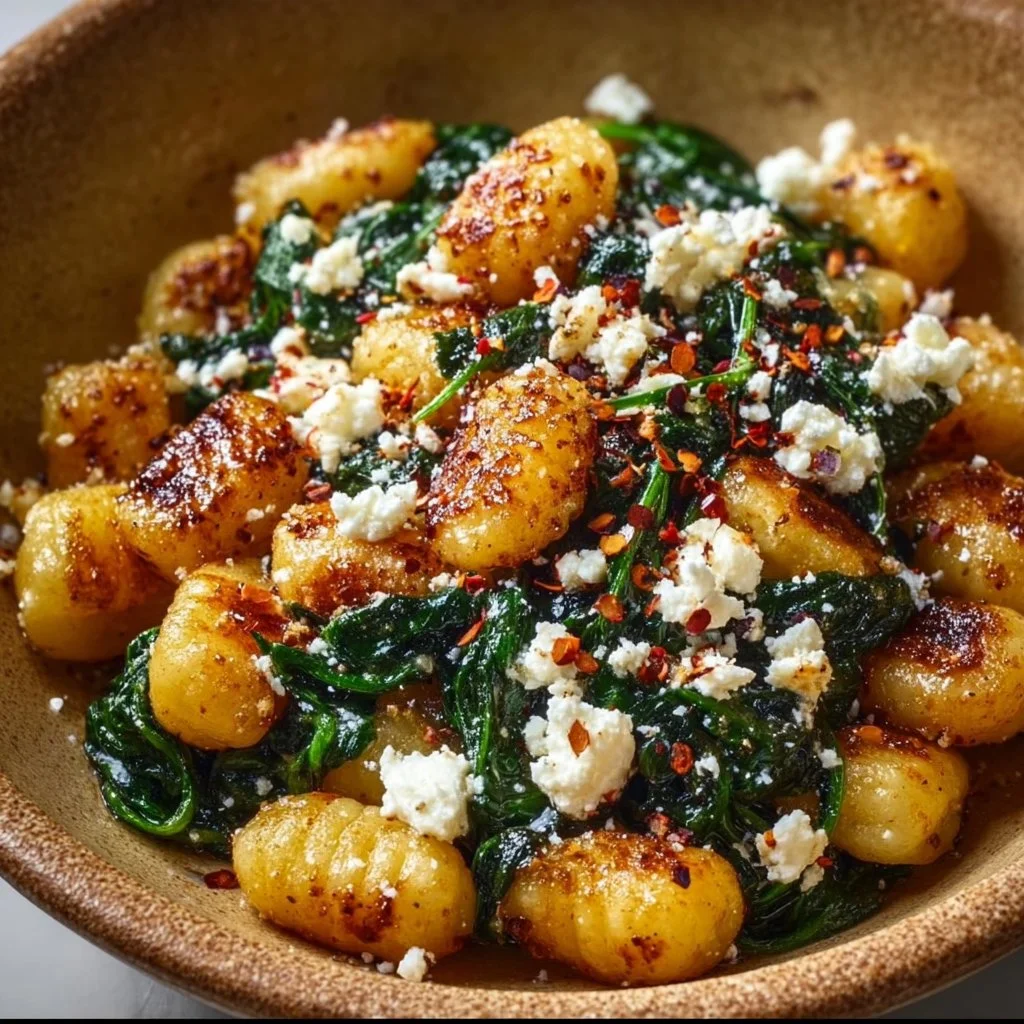 Crispy gnocchi dish with fresh spinach and feta cheese