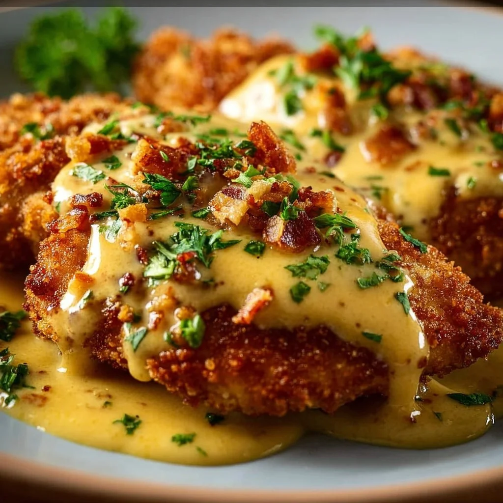 Crispy pretzel crusted chicken served with cheddar mustard sauce on a plate