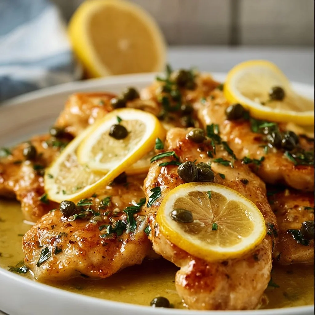 Delicious Crock Pot Lemony Chicken Piccata served with lemon slices and parsley.