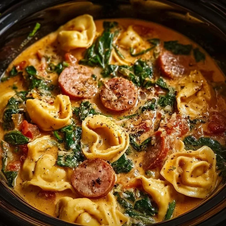 Crockpot cheese tortellini and sausage dish served in a bowl
