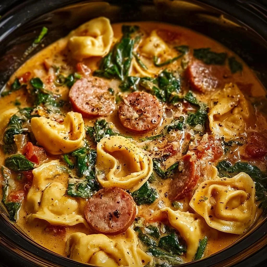 Crockpot cheese tortellini and sausage dish served in a bowl