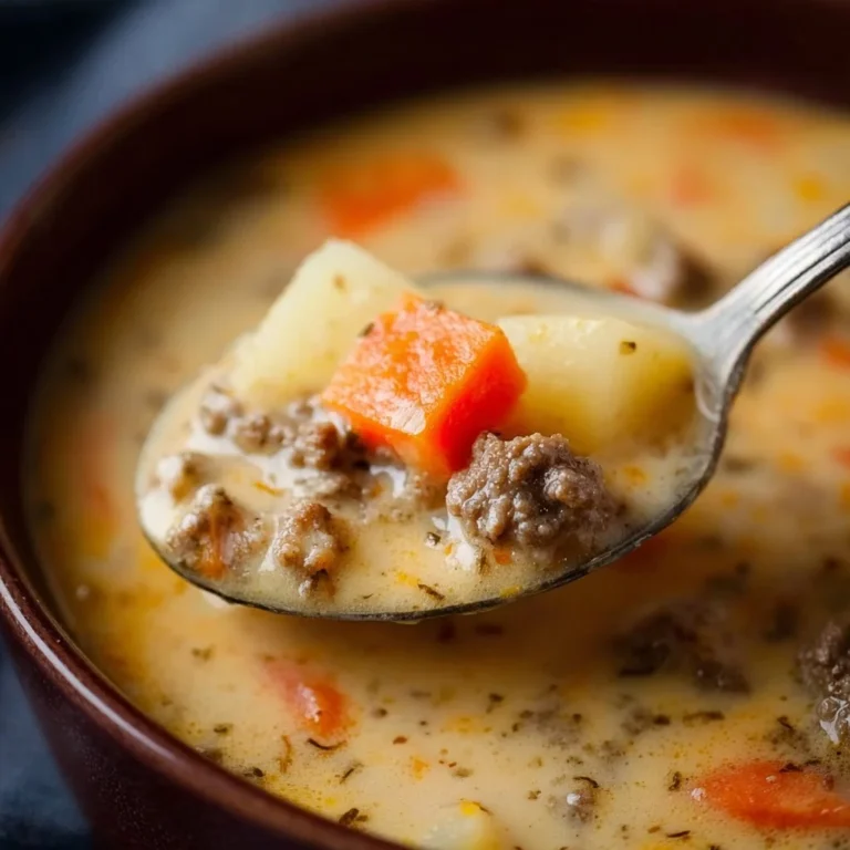 Delicious bowl of Crockpot Cheeseburger Soup garnished with cheese and herbs.