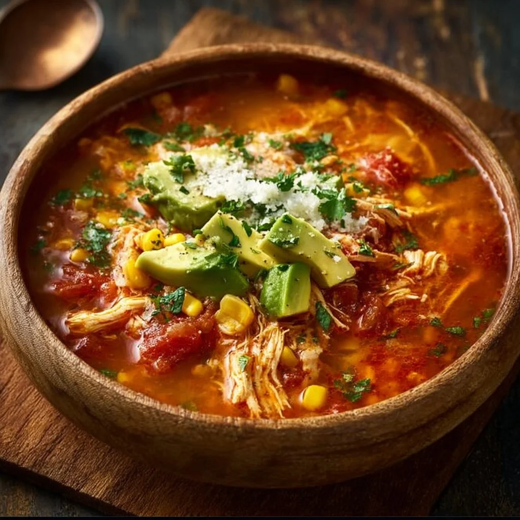 Bowl of delicious crockpot chicken tortilla soup topped with tortilla strips