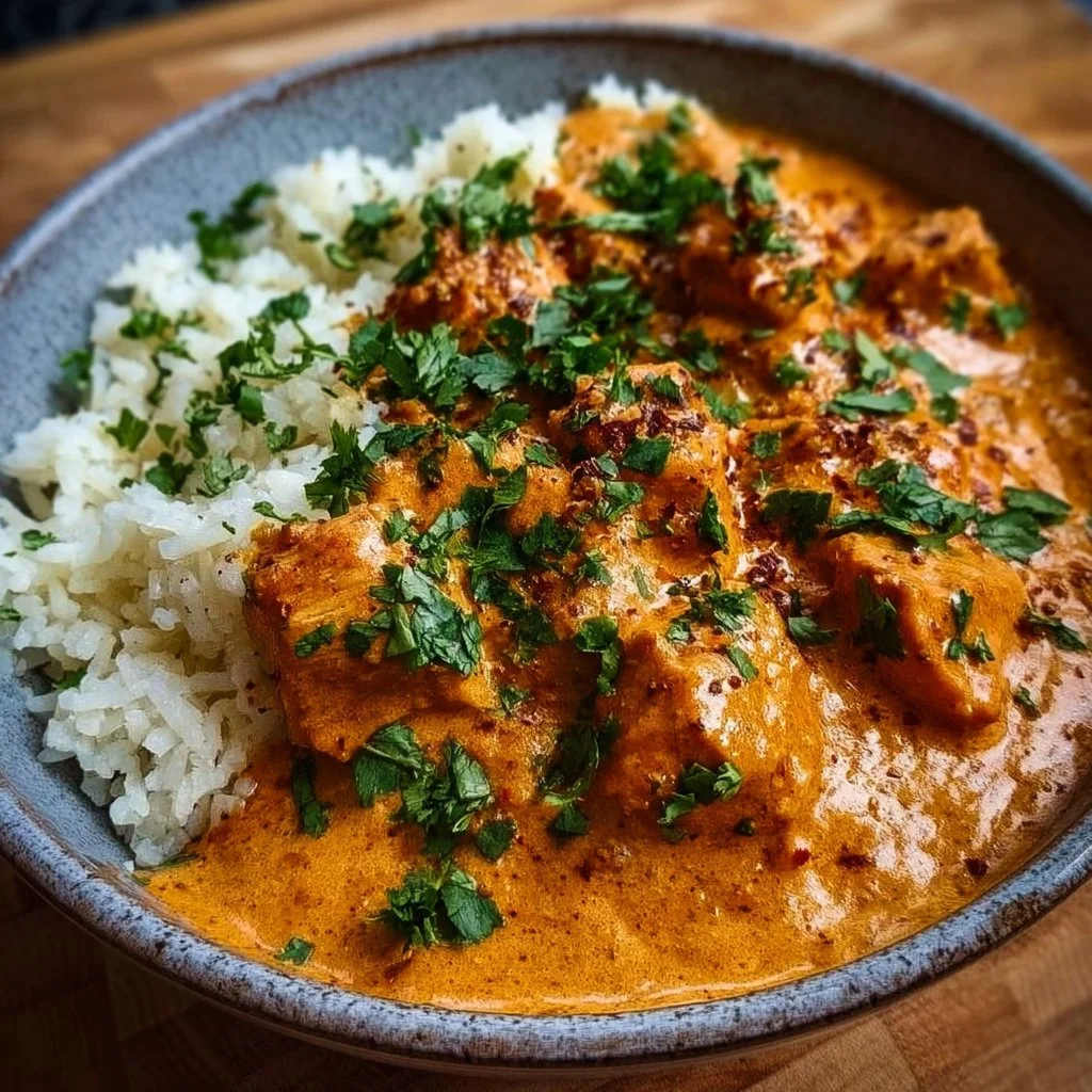 Crockpot creamy coconut chicken tikka masala served in a bowl with rice.